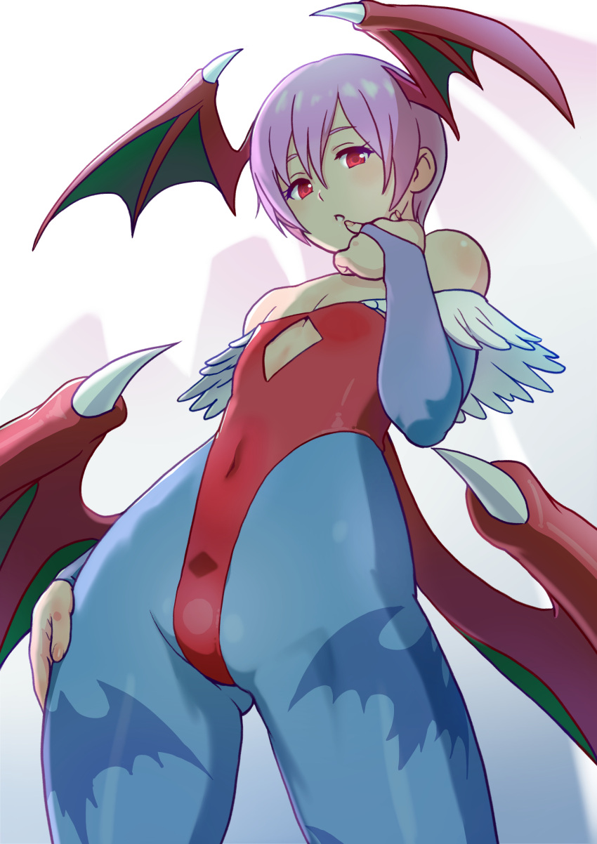 1girl, absurdres, animal_print, bare_shoulders, bat_print, bat_wings, bridal_gauntlets, demon_girl, finger_to_mouth, flat_chest, from_below, head_wings, highres, leotard, lilith_aensland, looking_at_viewer, print_legwear, purple_hair, red_eyes, red_leotard, rico_(maikubakaa), short_hair, simple_background, solo, vampire_(game), wings