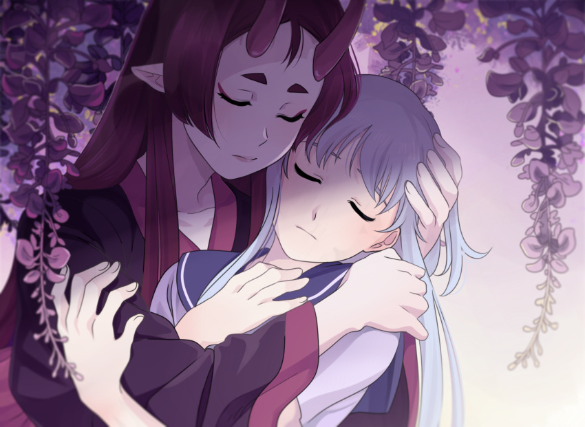 2girls, brown_hair, closed_eyes, facing_viewer, flower, hand_on_another's_head, highres, horns