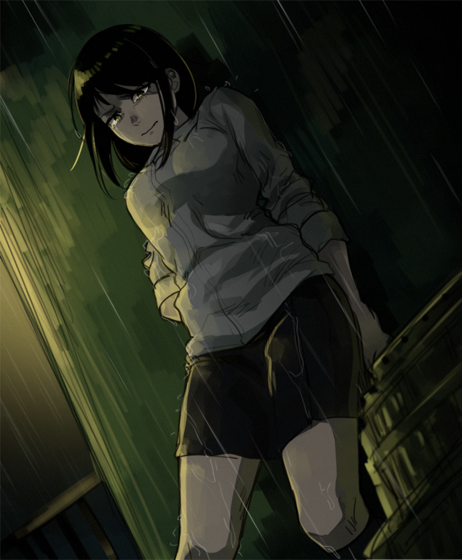 1girl, ajin_(sakurai_gamon), arm_behind_back, black_hair, black_skirt, brown_eyes, crying, dutch_angle, kneehighs, medium_hair, outdoors, rain, saki_(c_ybrbnby), shimomura_izumi, shirt, skirt, standing, white_shirt