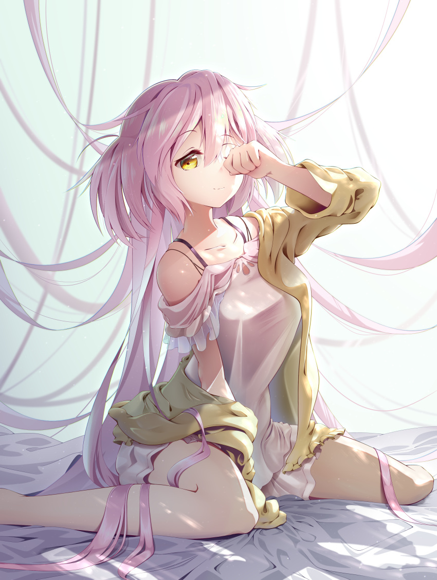 1girl, absurdly_long_hair, absurdres, alternate_costume, arm_between_legs, arm_support, backlighting, bare_arms, bare_legs, bare_shoulders, breasts, camisole, chromatic_aberration, clenched_hand, closed_mouth, clothing_cutout, collarbone, eyebrows_visible_through_hair, feet_out_of_frame, goddess_madoka, green_sweater, grey_background, hair_between_eyes, half-closed_eye, hand_up, happy, highres, kaname_madoka, light_particles, light_rays, light_smile, long_hair, looking_at_viewer, mahou_shoujo_madoka_magica, medium_breasts, mesarei, messy_hair, off_shoulder, one_eye_closed, open_clothes, pink_camisole, pink_hair, pink_skirt, rubbing_eyes, shiny, shiny_hair, simple_background, sitting, skirt, sleepy, solo, spaghetti_strap, sparkle, spread_legs, straight_hair, sweater, tareme, thighs, two_side_up, very_long_hair, wariza, yellow_eyes