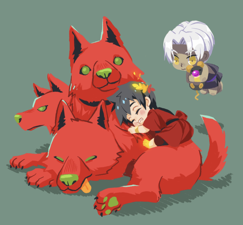 2boys, black_hair, cerberus_(hades), child, closed_eyes, dog, drooling, floating