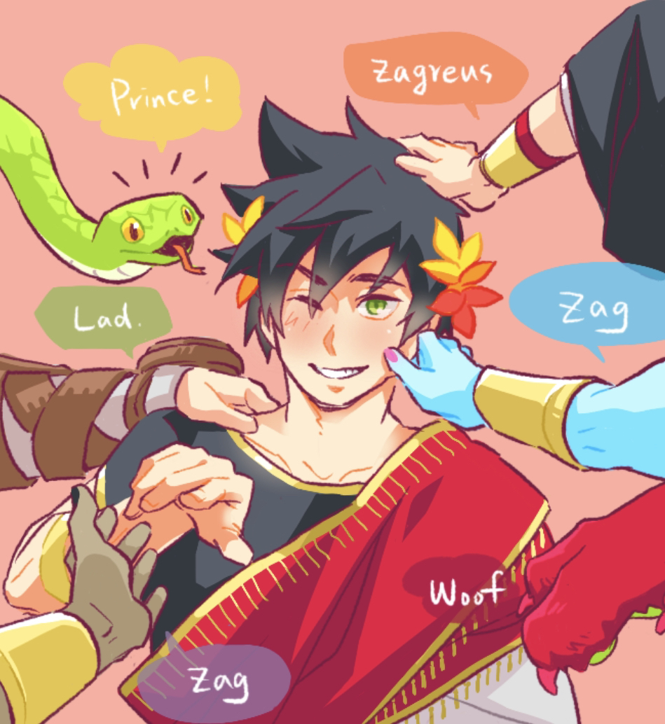 1boy, achilles_(hades), black_hair, blue_skin, cerberus_(hades), cheek_pinching, colored_skin, dark_skin