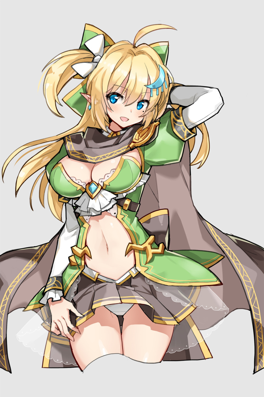 1girl, :d, ahoge, beige_background, blonde_hair, blue_eyes, bow, breasts, cape, cowboy_shot, elf, epic_seven, green_bow, hair_bow, hair_ornament, highres, large_breasts, looking_away, mole, mole_under_eye, navel, open_mouth, panties, pleated_skirt, pointy_ears, serin199, silkyia_yula_safayena, simple_background, skirt, smile, solo, standing, underwear, white_panties