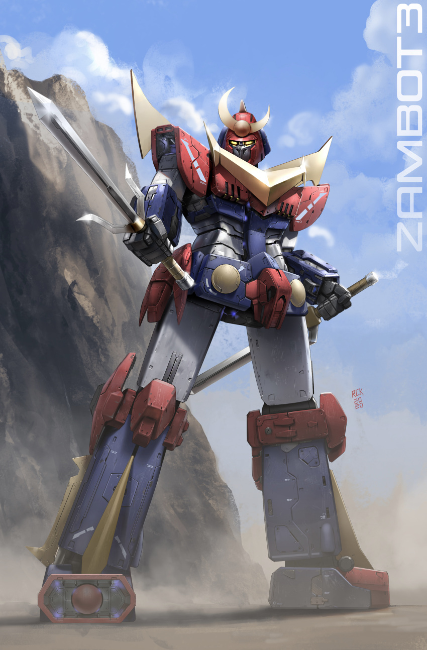 absurdres, character_name, clouds, dual_wielding, english_commentary, glowing, glowing_eyes, highres, holding, holding_sword, holding_weapon, looking_at_viewer, mecha, muteki_choujin_zambot_3, rickyryan, sai_(weapon), science_fiction, sky, solo, standing, super_robot, sword, weapon, yellow_eyes, zambot_3