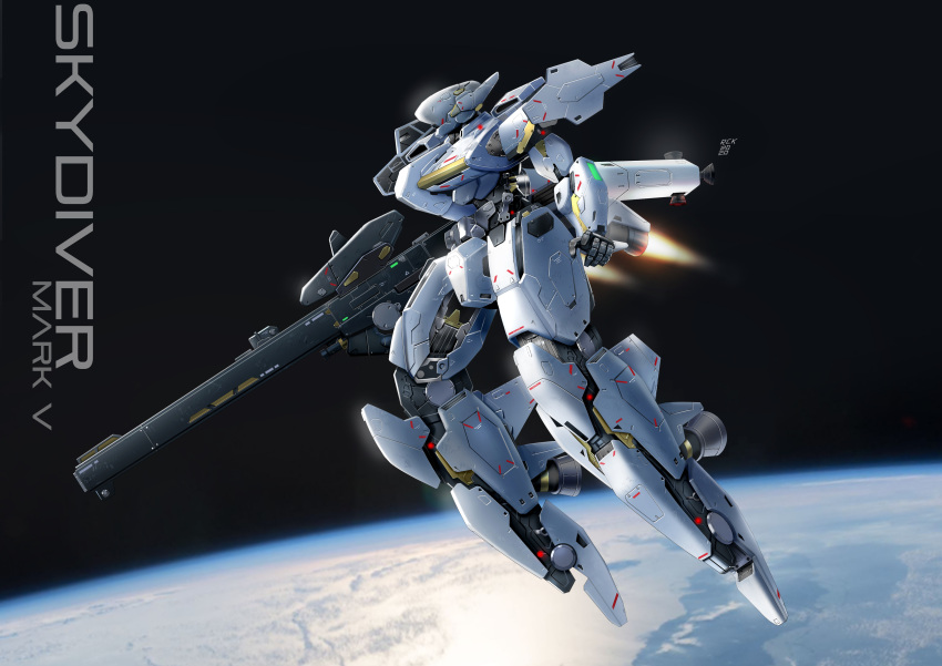 absurdres, character_name, english_commentary, flying, from_side, gun, highres, holding, holding_gun, holding_weapon, mecha, open_hand, original, planet, rickyryan, science_fiction, solo, space, thrusters, weapon