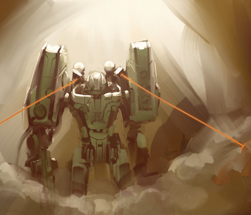 dasadam, dust, english_commentary, gun, holding, holding_gun, holding_weapon, laser, mecha, no_humans, original, science_fiction, shoulder_cannon, sketch, solo, upper_body, weapon