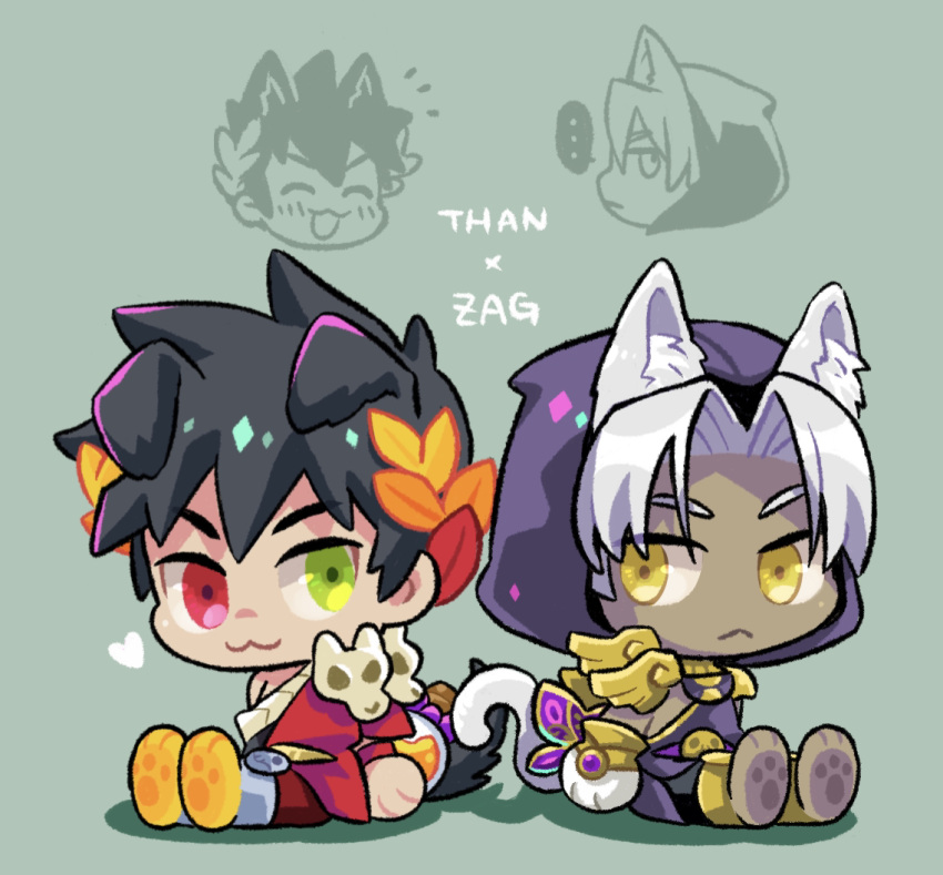 ..., 2boys, :<, :3, animal_ears, black_hair, cat_ears, cat_tail, character_name, chibi, dark_skin, dark_skinned_male, dog_ears, dog_tail, greek_clothes, green_eyes, hades_(game), heart, heterochromia, hood, hood_up, joy0220, kemonomimi_mode, laurel_crown, male_focus, multiple_boys, paw_print_soles, red_eyes, sitting, spoken_ellipsis, tail, thanatos_(hades), white_hair, yellow_eyes, zagreus_(hades)