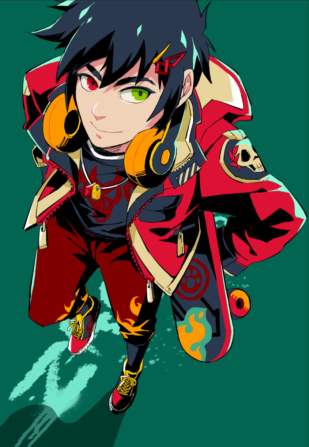 1boy, black_hair, contemporary, dog_tags, green_background, green_eyes, hades_(game), hair_ornament
