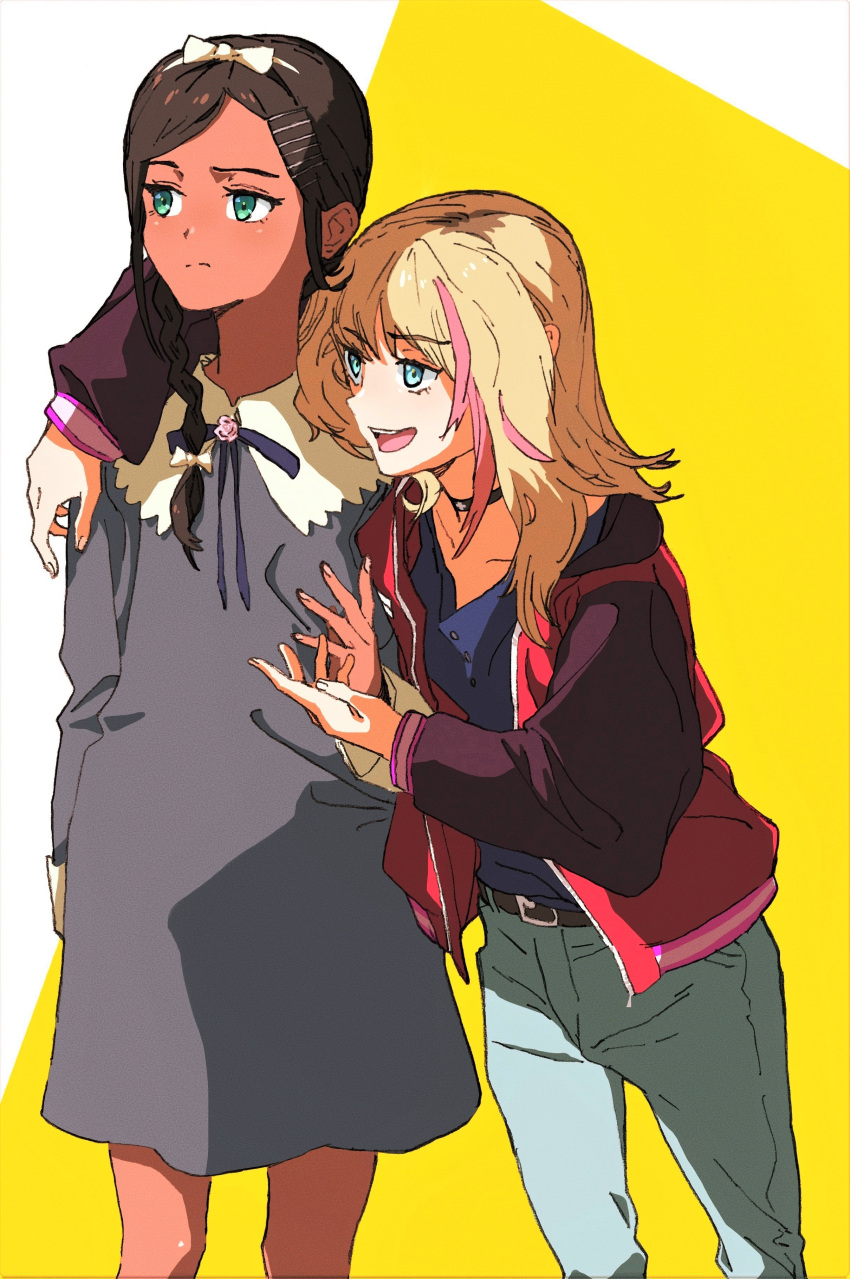 2girls, absurdres, aonuma_neiru, arm_around_shoulder, belt, black_hair, blonde_hair, blue_eyes, bow, choker, dark_skin, dark-skinned_female, denim, dress, gakiami, green_eyes, grey_dress, hair_bow, hair_ornament, hairclip, highres, jacket, kawai_rika, long_sleeves, multicolored_hair, multiple_girls, pink_hair, standing, two-tone_hair, white_bow, wonder_egg_priority, yellow_background