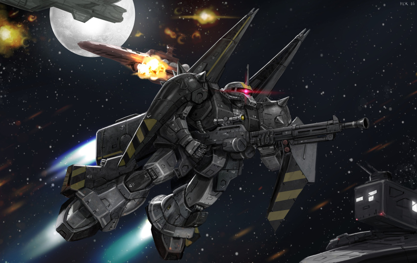 commission, english_commentary, flying, glowing, glowing_eye, gun, gundam, highres