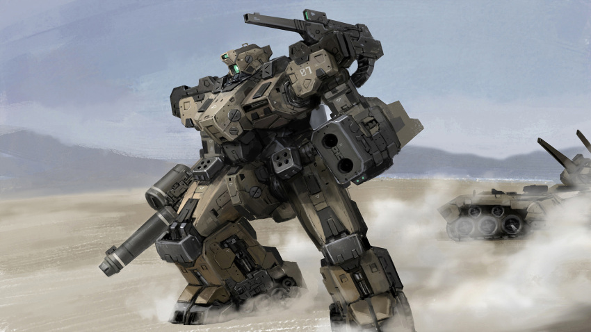 arm_cannon, caterpillar_tracks, desert, english_commentary, green_eyes, ground_vehicle, highres, looking_ahead
