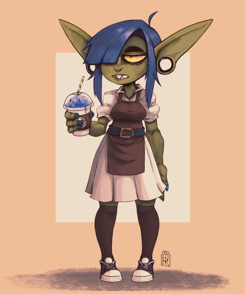 1girl, 2021, ahoge, apron, arm_at_side, bared_teeth, barista, belt