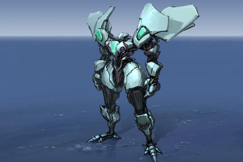 blue_eyes, glowing, glowing_eye, highres, ksenolog, looking_ahead, mecha, no_humans