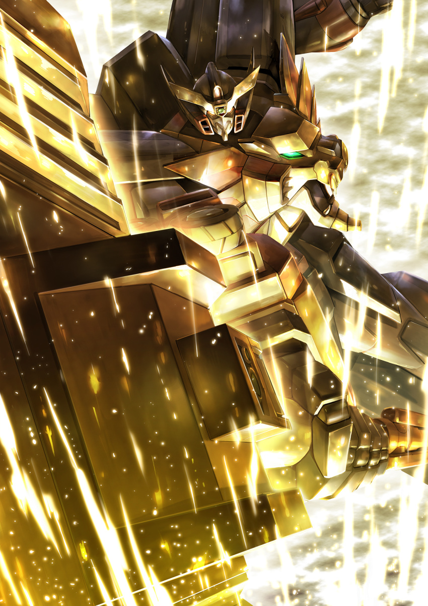 gaogaigar, glowing, glowing_eyes, goldion_hammer, hammer, highres, holding, holding_hammer, holding_weapon, looking_back, mecha, no_humans, orange_eyes, science_fiction, solo, souto_(0401), super_robot, weapon, yuusha_ou_gaogaigar, yuusha_series