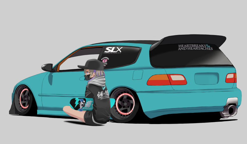 1girl, absurdres, baseball_cap, black_headwear, black_jacket, black_mask, black_shorts, car