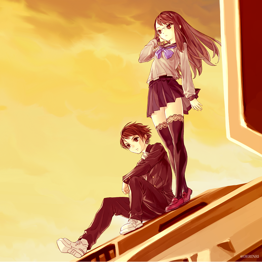 1boy, 1girl, arm_behind_head, artist_name, bangs, black_hair, brown_hair, character_request, cropped, de_ri_(derinri), floating_hair, glasses, juusan_kihei_bouei_ken, looking_down, missile_pod, open_hand, school_uniform, serafuku, thigh-highs