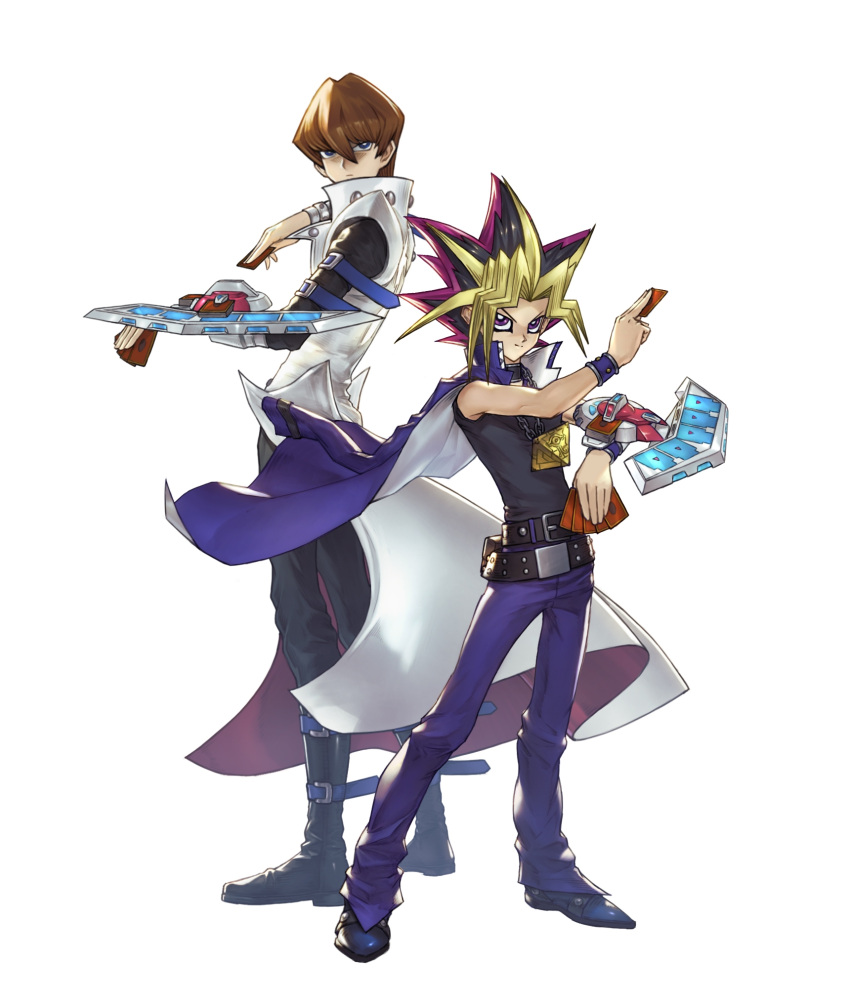 2boys, back-to-back, black_hair, blonde_hair, blue_eyes, boots, brown_hair, floating_clothes