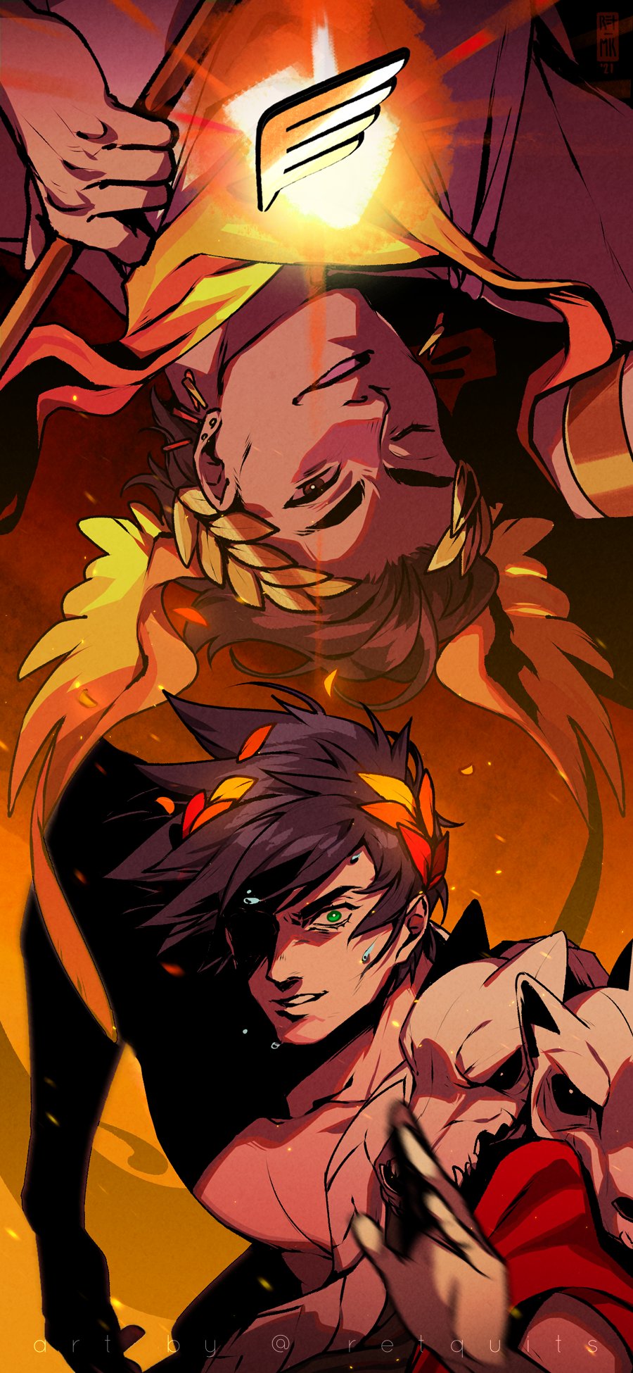 2boys, artist_name, black_hair, brown_eyes, earrings, greek_clothes, green_eyes, hades_(game)