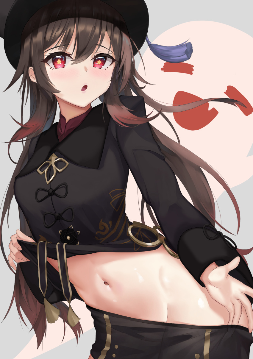 1girl, :o, =_=, absurdres, bangs, black_headwear, black_shirt, black_shorts