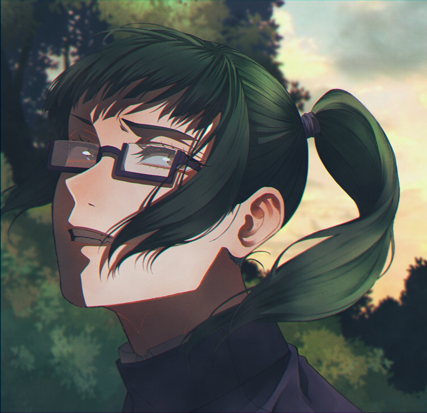 1girl, black-framed_eyewear, closed_mouth, commentary, day, eyelashes, gakuran, glasses, green_hair, grin, highres, hikihuna, jujutsu_kaisen, medium_hair, orange_sky, outdoors, ponytail, portrait, school_uniform, semi-rimless_eyewear, sky, smile, solo, teeth, tree, yellow_eyes, zenin_maki