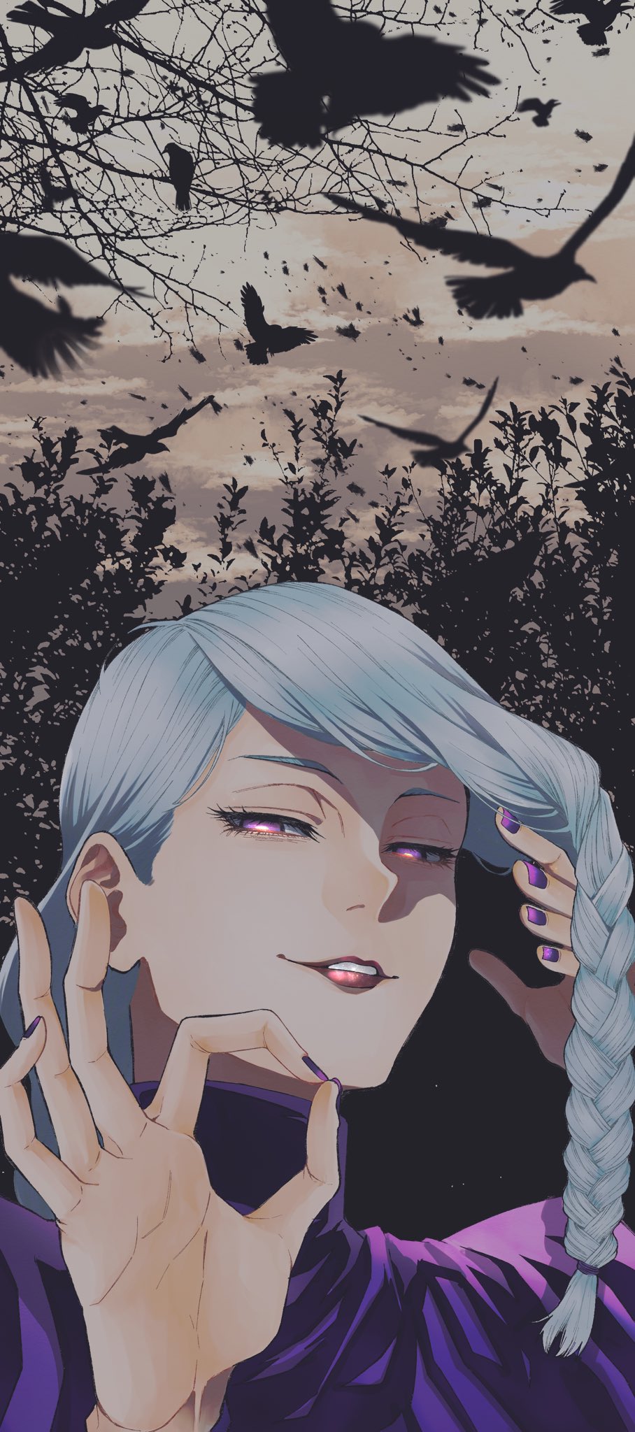 1girl, bird, braid, closed_mouth, clouds, cloudy_sky, commentary, crow, dress, eyelashes, grey_sky, grin, half-closed_eyes, hand_in_hair, highres, hikihuna, jujutsu_kaisen, lips, lipstick, long_hair, looking_at_viewer, makeup, mei_mei_(jujutsu_kaisen), nail_polish, outdoors, portrait, purple_dress, purple_nails, red_lips, sky, smile, solo, tree, turtleneck_dress, violet_eyes