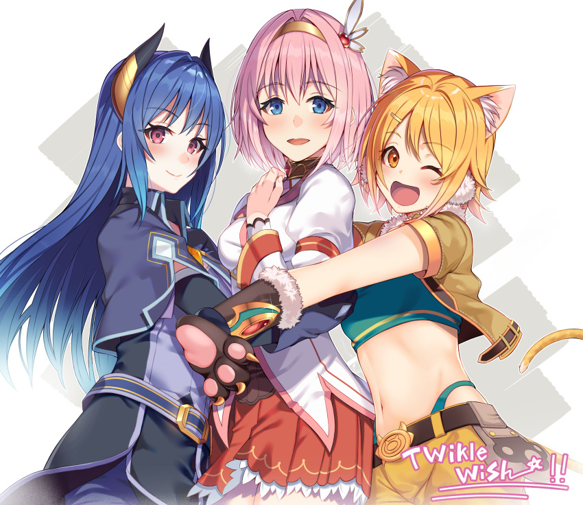 3girls, :d, ;d, absurdres, animal_ear_fluff, animal_ears, bangs, belt