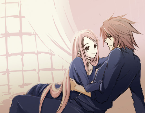 anna_irving, brown_hair, couple, hug, kratos_aurion, laying, long_hair, pink_hair
