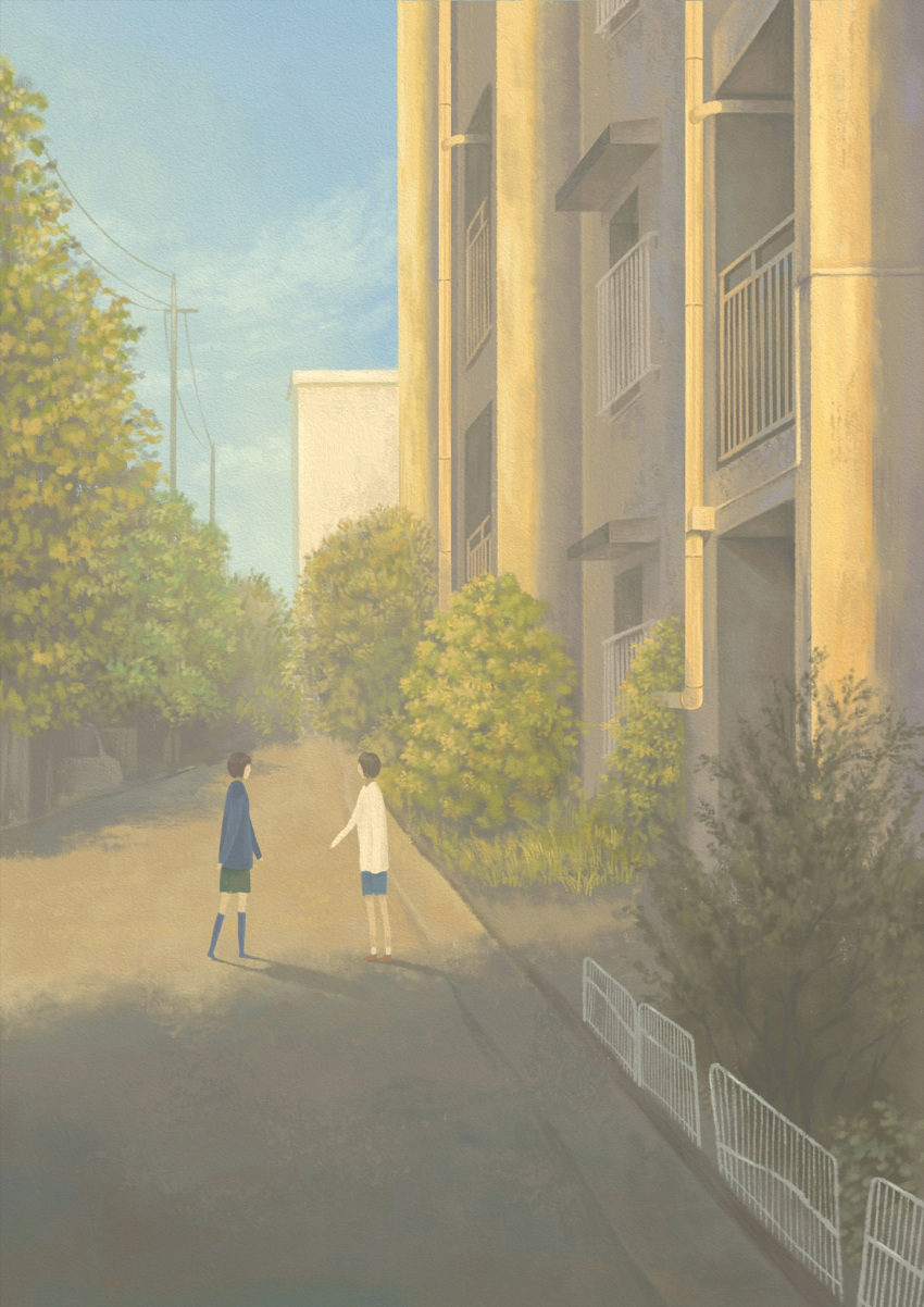 ambiguous_gender, black_shorts, blue_legwear, blue_shirt, blue_shorts, blue_sky, building, clouds