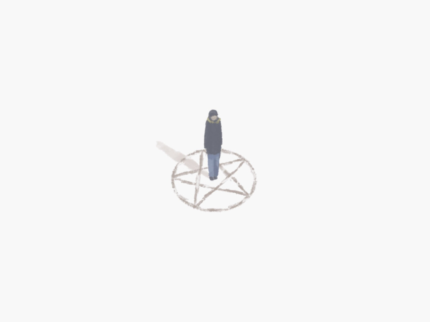 ambiguous_gender, black_coat, black_footwear, blue_pants, circle, coat, highres, long_sleeves