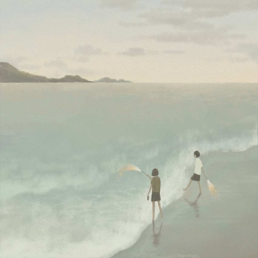 2girls, beach, black_shorts, clouds, cloudy_sky, fireworks, grey_shirt, highres