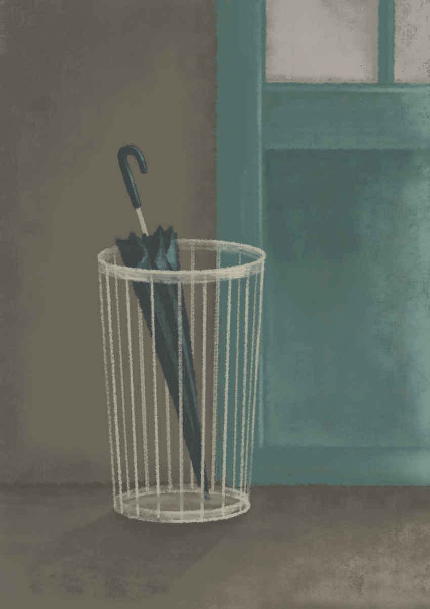 aqua_umbrella, basket, highres, limited_palette, no_humans, original, shadow, spot_color, umbrella, window, yomoya_oc10