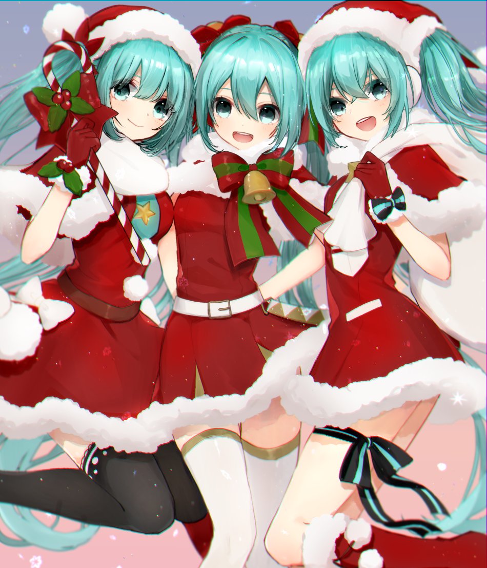 3girls, aqua_eyes, aqua_hair, bell, belt, black_legwear, capelet, christmas
