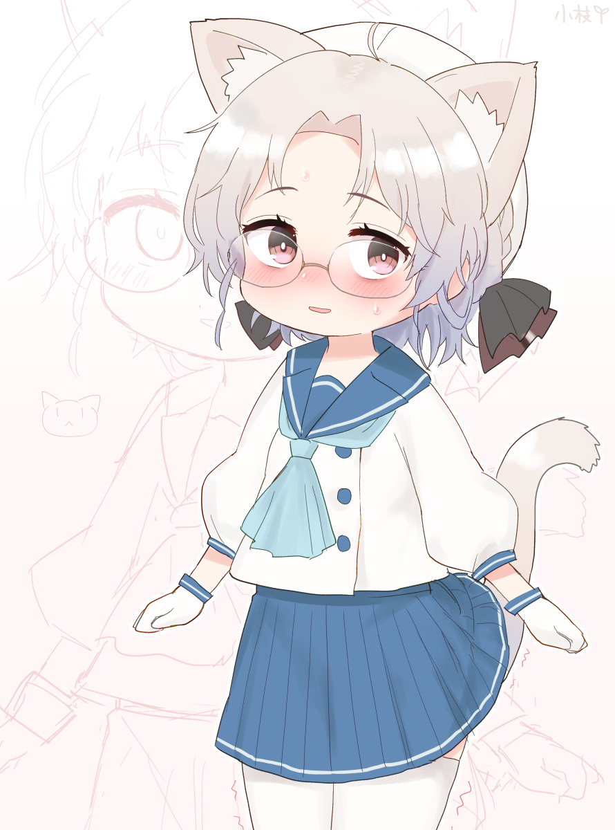 1girl, animal_ears, blue_neckwear, blue_sailor_collar, blue_skirt, brown_eyes, cat_ears, cat_tail