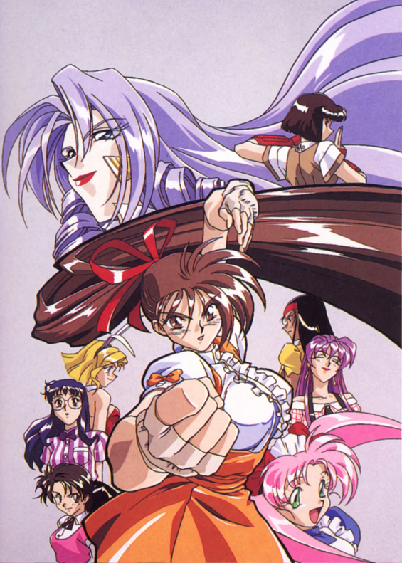 6+girls, animal_ears, anna_miller, black_hair, blue_eyes, blue_hair, brown_eyes, brown_hair, closed_eyes, earrings, erilin_goldsmith, fake_animal_ears, fighting_stance, fingerless_gloves, floating_hair, gloves, green_eyes, grey_background, hair_ribbon, hairband, high_ponytail, jahana_reimi, jewelry, kimura_takahiro, kubota_jun, kusunoki_manami, lipstick, long_hair, makeup, masuda_chiho, multiple_girls, official_art, open_mouth, pink_hair, profile, purple_hair, rabbit_ears, red_lips, ribbon, shirt, short_hair, silver_hair, simple_background, smile, striped, striped_shirt, takeuchi_yuka, twintails, underbust, variable_geo, very_long_hair, waitress, yajima_satomi, yanase_kaori, yuuki_ayako