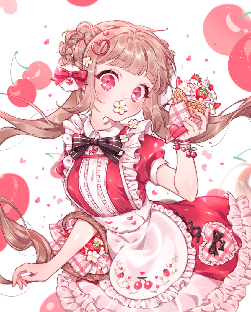 1girl, 217sian, absurdres, apron, bangs, basket, blunt_bangs, blush, brown_hair, cherry, collared_dress, covered_mouth, crepe, dress, eyebrows_visible_through_hair, floating_hair, flower, food, frilled_apron, frilled_dress, frills, fruit, hair_flower, hair_ornament, hand_up, highres, holding, holding_food, long_hair, original, pink_theme, print_apron, puffy_short_sleeves, puffy_sleeves, red_dress, shadow, short_sleeves, solo, strawberry, twintails, very_long_hair, white_apron, white_flower