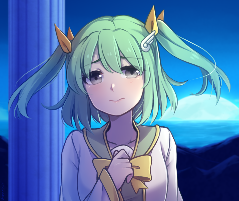 1girl, bangs, collarbone, commentary, english_commentary, eyebrows_visible_through_hair, eyes_visible_through_hair, green_eyes