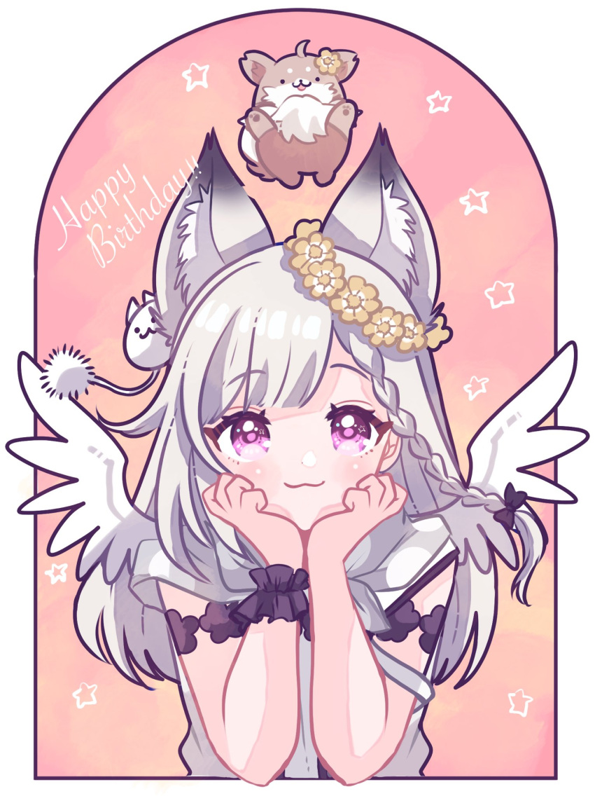 1girl, :3, animal, animal_ear_fluff, animare, arm_support, braid, fox