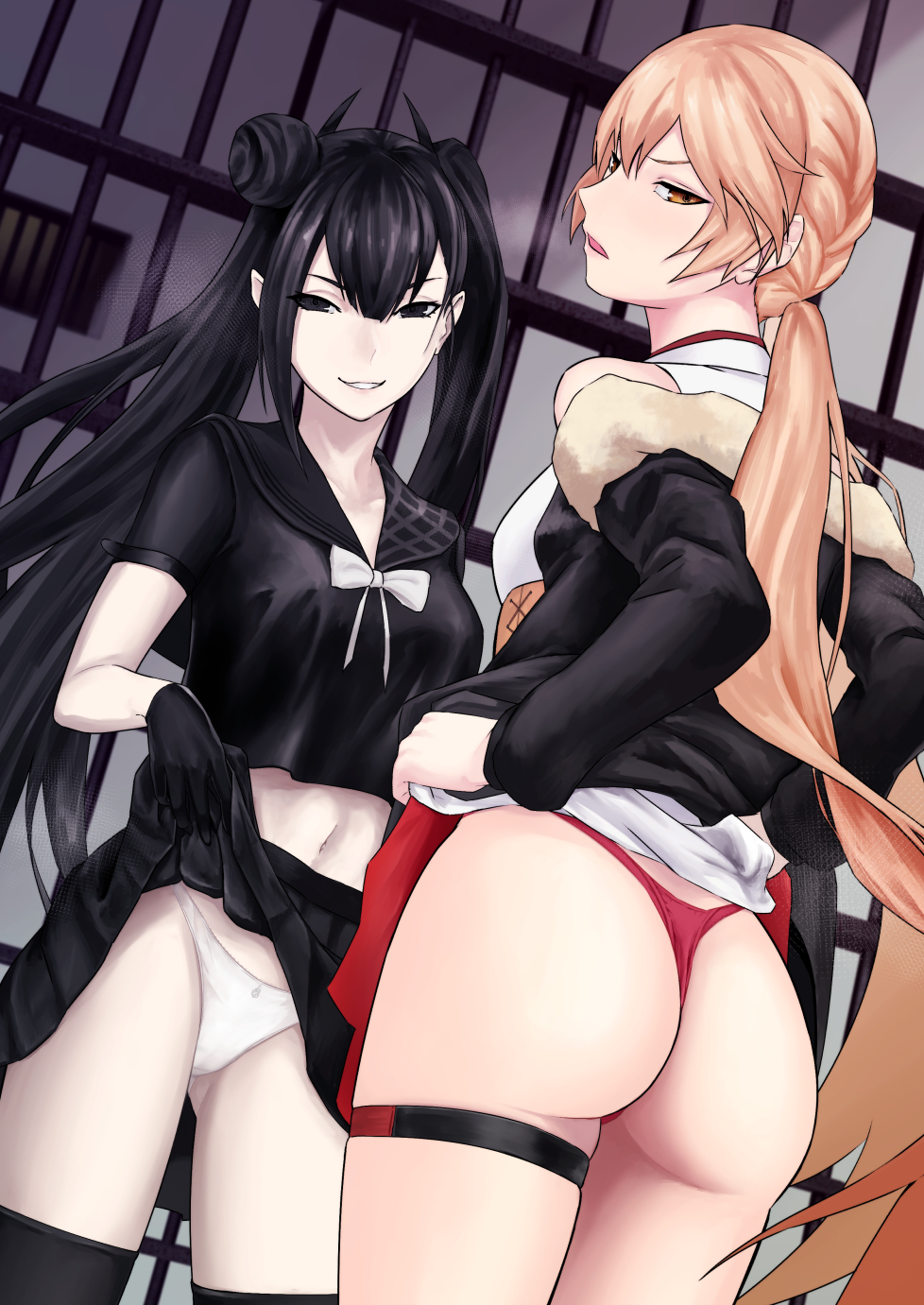 2girls, ass, back, black_eyes, black_hair, black_jacket, black_legwear, black_shirt, black_skirt, blonde_hair, bow, bowtie, braid, breasts, dress, dress_lift, eyebrows_visible_through_hair, girls_frontline, hair_bun, highres, jacket, jacket_on_shoulders, lifted_by_self, long_hair, looking_at_viewer, looking_back, medium_breasts, mizukamakiri, multiple_girls, navel, open_mouth, ots-14_(girls_frontline), ouroboros_(girls_frontline), panties, ponytail, red_panties, shirt, skirt, skirt_lift, smile, standing, thigh-highs, thighs, twintails, underwear, white_dress, white_neckwear, white_panties, yellow_eyes