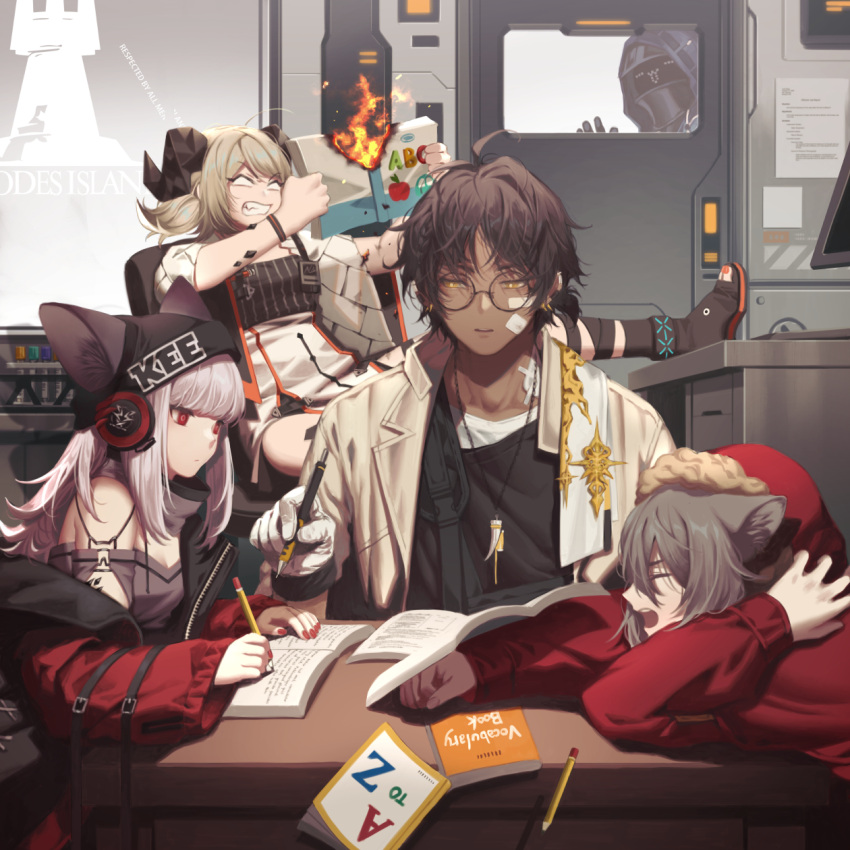 1boy, 3girls, animal_ears, arknights, dark_skin, doctor_(arknights), earphones, fire