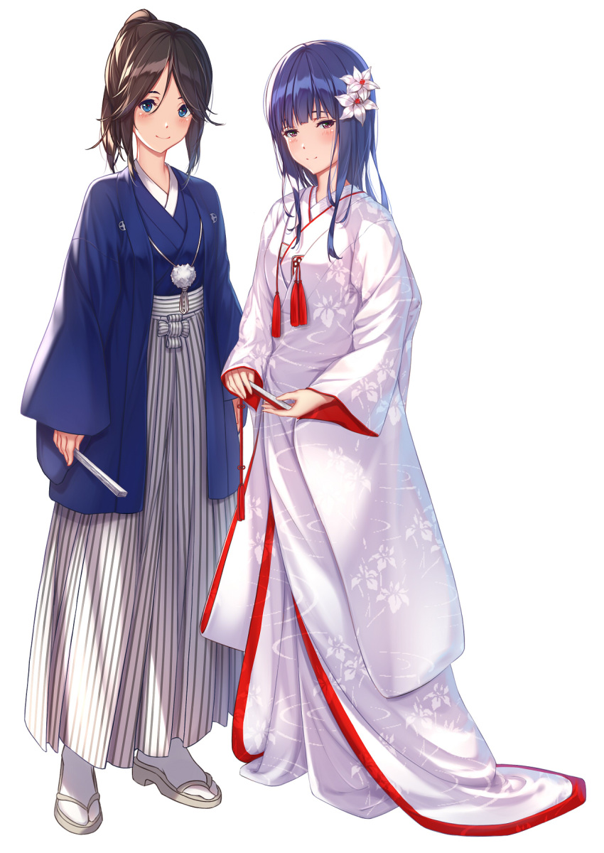 2girls, blue_eyes, blue_hair, blue_kimono, blush, brown_hair, closed_mouth, clothing_request