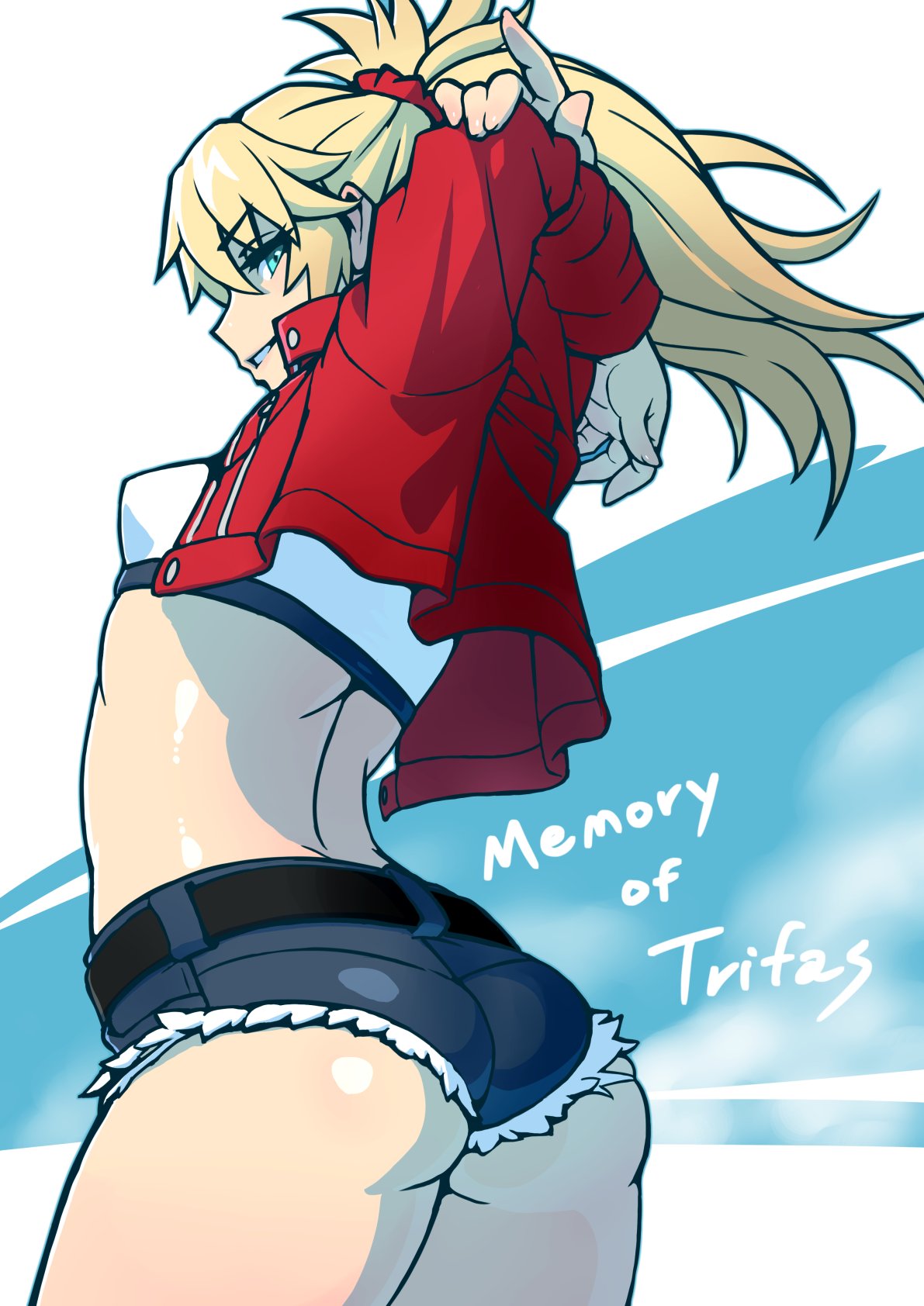 1girl, arms_up, ass, back, belt, blonde_hair, blue_eyes, breasts