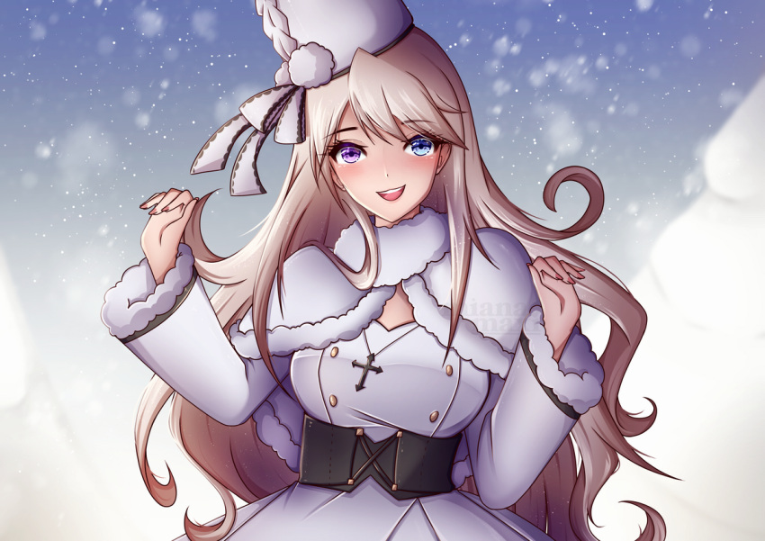 1girl, azur_lane, blonde_hair, blue_eyes, blush, breasts, coat, cross, cross_necklace, eyebrows_visible_through_hair, fingernails, hands_up, heterochromia, jewelry, long_hair, looking_at_viewer, mianamaxi, murmansk_(azur_lane), necklace, open_mouth, papakha, simple_background, smile, snowflake_background, snowflakes, solo, violet_eyes, white_coat, white_headwear, winter_clothes, winter_coat