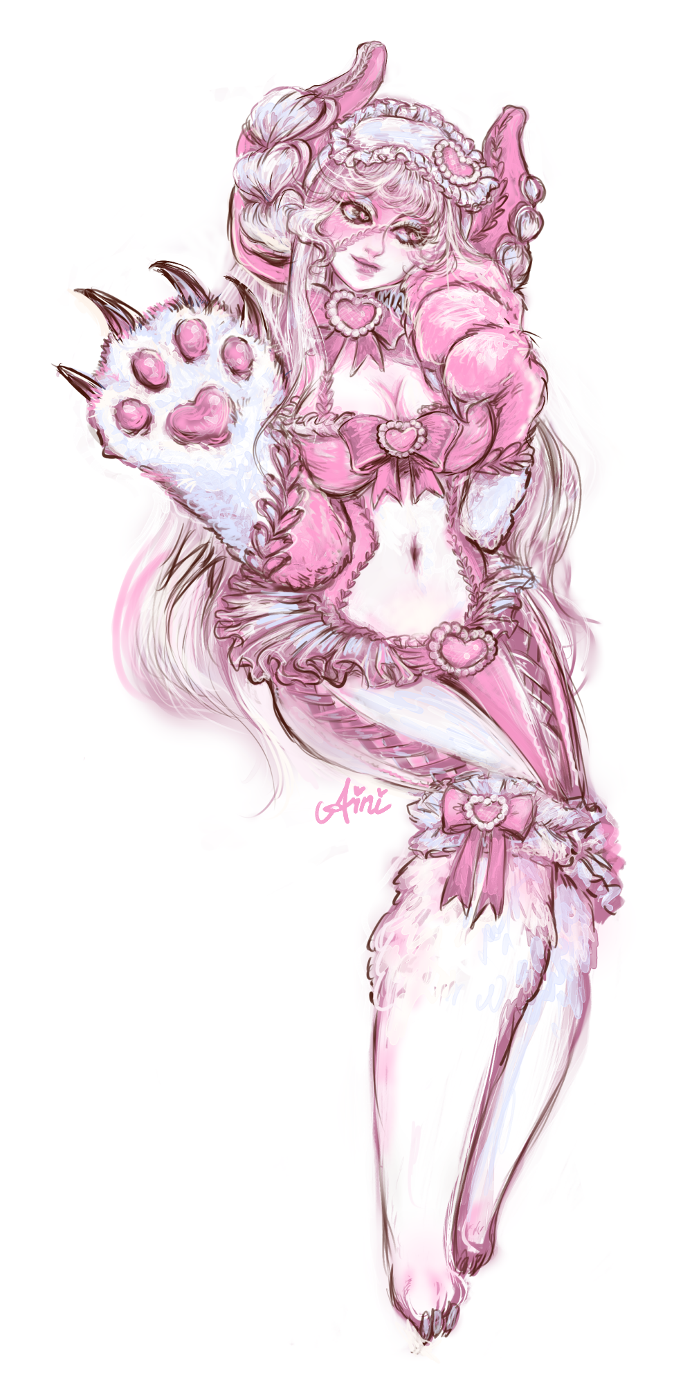 aini, bogey_(monster_girl_encyclopedia), bow, heart, highres, monster_girl, monster_girl_encyclopedia, original, pale_skin, pink_bow, pink_eyes, sleep_mask, solo, stitches