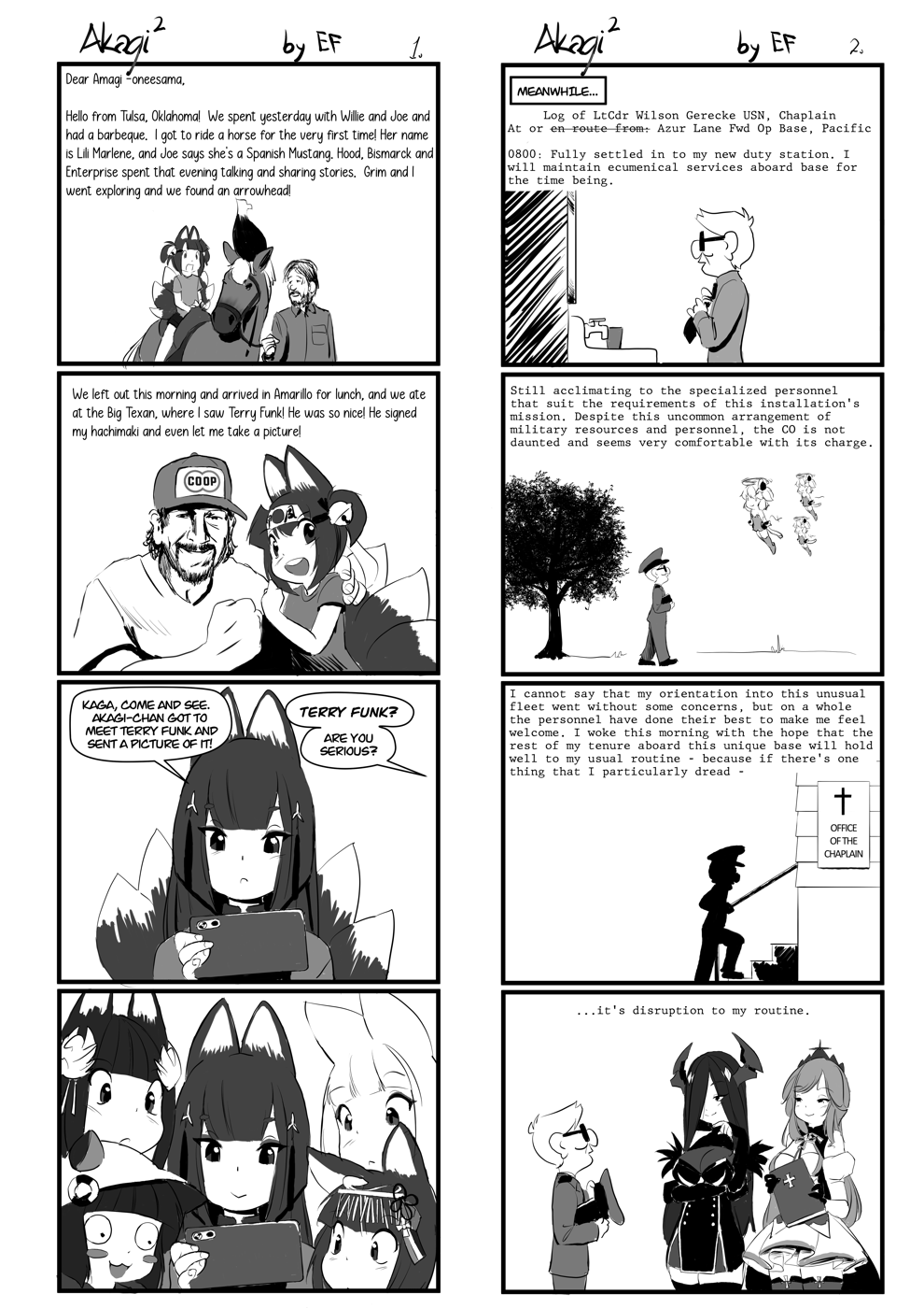 akagi-chan_(azur_lane), amagi_(azur_lane), animal_ears, azur_lane, bald_eagle, bell, bird, black_hair, eagle, ethan_forsythe, fox_ears, fox_girl, fox_tail, friedrich_der_grosse_(azur_lane), greyscale, hair_bell, hair_ornament, highres, horns, joe_(bill_mauldin), kaga_(azur_lane), kyuubi, left-to-right_manga, long_hair, mechanical_horns, monochrome, multiple_tails, mutsuki_(azur_lane), mutsuki_face, richelieu_(azur_lane), tail, terry_funk, universal_bulin_(azur_lane), willy_and_joe, younger