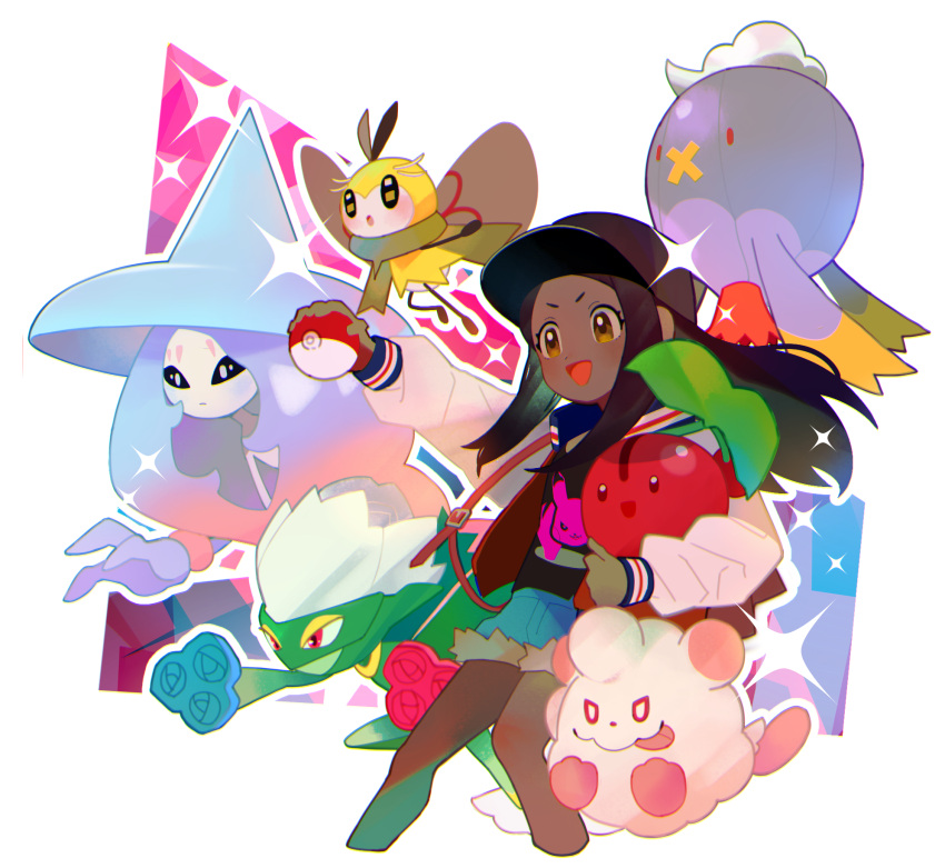 1girl, :d, alternate_hair_length, alternate_hairstyle, alternate_skin_color, baseball_cap, black_shirt, blue_shorts, brown_eyes, brown_hair, cherubi, commentary_request, dark_skin, dark-skinned_female, dawawa, drifblim, eyelashes, gen_1_pokemon, gen_4_pokemon, gen_6_pokemon, gen_7_pokemon, gen_8_pokemon, gloria_(pokemon), hat, hatterene, highres, holding, holding_poke_ball, holding_pokemon, jacket, long_hair, long_sleeves, open_clothes, open_jacket, open_mouth, outline, pikachu, poke_ball, poke_ball_(basic), pokemon, pokemon_(creature), pokemon_(game), pokemon_swsh, ribombee, roserade, shirt, shorts, smile, sparkle, swirlix, tongue