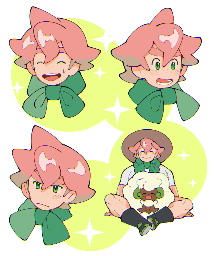1boy, bangs, blush, boots, closed_eyes, closed_mouth, commentary_request, dawawa, freckles, gen_5_pokemon, green_eyes, gym_leader, hair_between_eyes, hat, knees, male_focus, milo_(pokemon), on_lap, open_mouth, pink_hair, pokemon, pokemon_(creature), pokemon_(game), pokemon_on_lap, pokemon_swsh, shiny, shiny_hair, shirt, short_sleeves, sitting, smile, sun_hat, sweatdrop, teeth, tongue, whimsicott, |d
