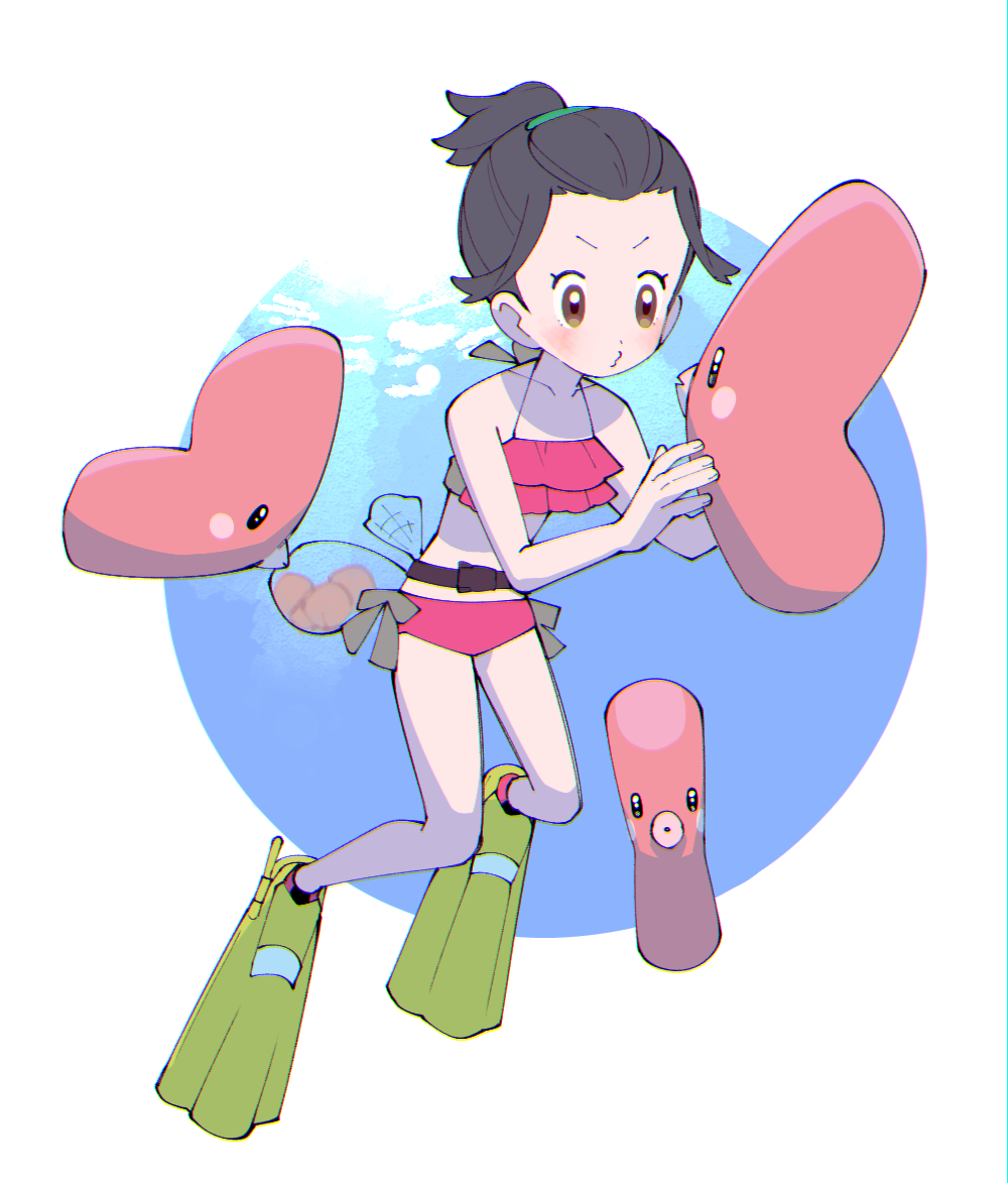 1girl, bag, bare_arms, black_hair, blush, brown_eyes, collarbone, commentary_request