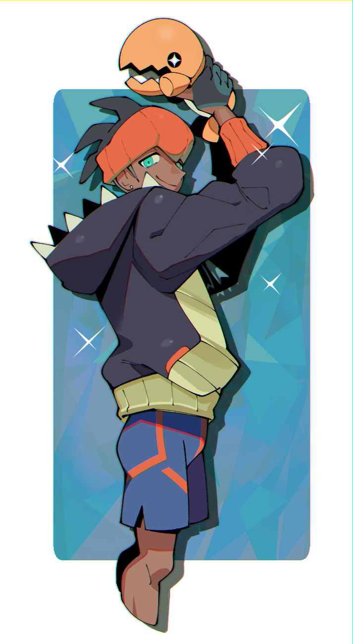 1boy, arms_up, black_hair, black_hoodie, blue_shorts, closed_mouth, commentary_request, dark_skin