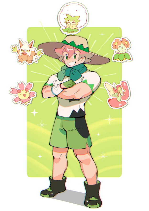 1boy, bangs, beige_headwear, bellossom, boots, cherrim, cherrim_(sunshine), clenched_teeth