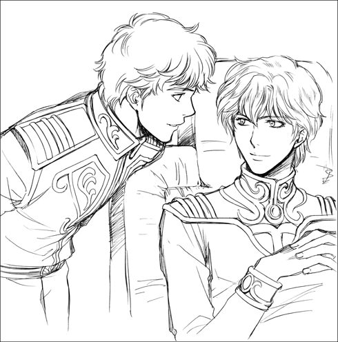 legend_of_the_galactic_heroes, lowres, military, military_uniform, monochrome, reinhard_von_lohengramm, ruru_(ultimatepowers.info.), siegfried_kircheis